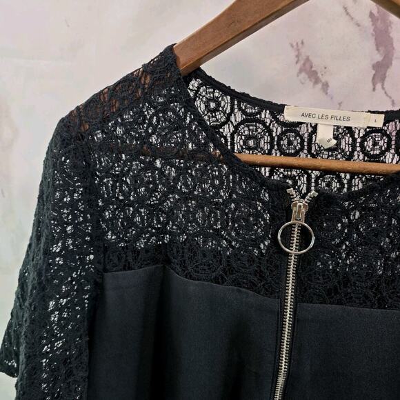Avec Les Filles Dress Womens Large Black Lace Circle Front Zip V Mini Shift - Picture 2 of 12